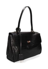 Bolso de mano de piel sintética de cocodrilo negra, con asa superior, cierre de solapa, cierre de torsión en tono dorado y cubierta decorativa de llave con anillos metálicos.