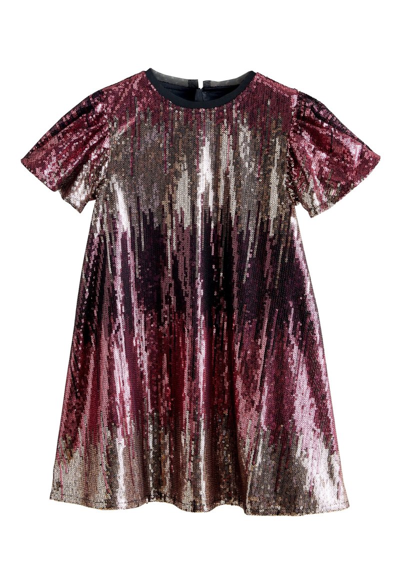 Robe trapèze à manches courtes couverte de sequins brillants roses et argentés, avec un col rond et une fermeture éclair au dos.