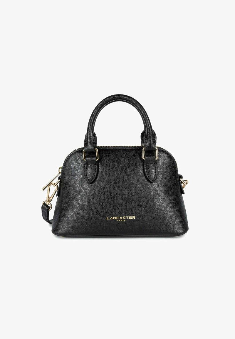 Borsa a mano nera in pelle con finitura testurizzata, manici superiori arrotondati, hardware dorato e tracolla rimovibile. Marchio sulla parte frontale.