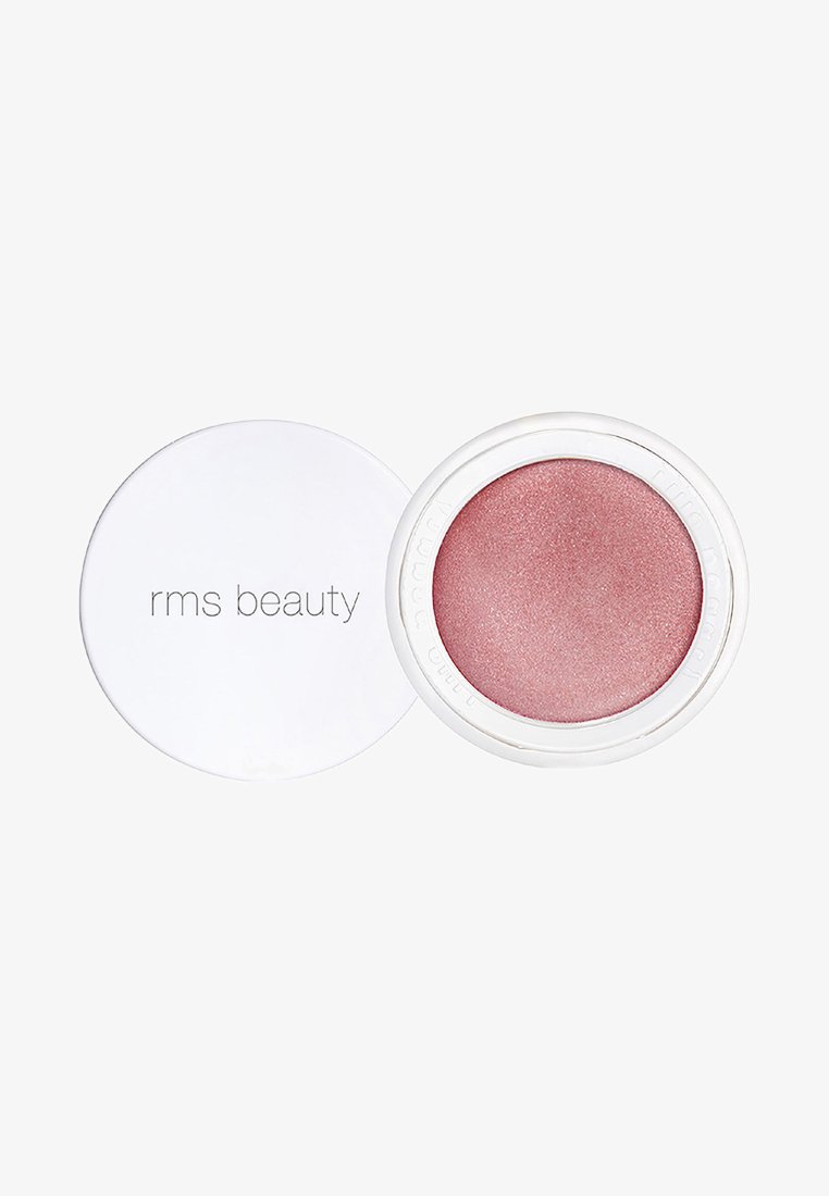 Kompakter weißer Behälter mit geöffneter "rms beauty"-Deckel, der schimmernden rosé-pinken Creme-Rouge zeigt.