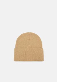 Gorro de punto en color marrón claro, con un puño enrollado y textura suave, con parte superior redondeada y diseño sin costuras.
