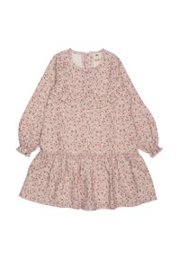 Blumengemustertes, langärmliges Kleid aus weichem, pinkfarbenem Stoff, mit einem Rüscheneinsatz an der Brust und einem gerafften Rock. Gummizüge an den Ärmeln.