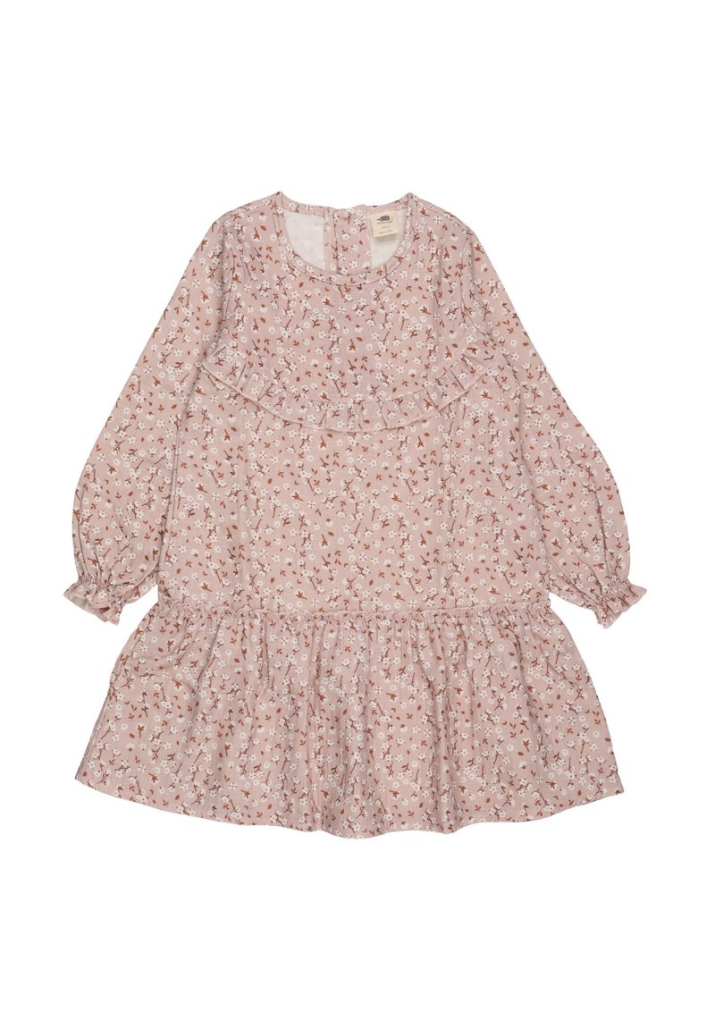 Blumengemustertes, langärmliges Kleid aus weichem, pinkfarbenem Stoff, mit einem Rüscheneinsatz an der Brust und einem gerafften Rock. Gummizüge an den Ärmeln.