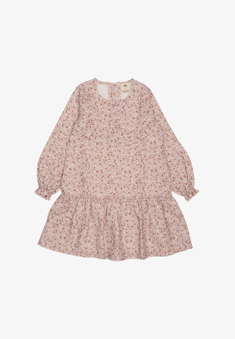 Blumengemustertes, langärmliges Kleid aus weichem, pinkfarbenem Stoff, mit einem Rüscheneinsatz an der Brust und einem gerafften Rock. Gummizüge an den Ärmeln.