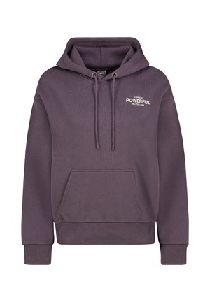 Paarse hoodie met een voorzak, trekkoorden, geribbelde mouwen en witte tekst "LIVING IT POWERFUL ALL THE WAY" op de borst.
