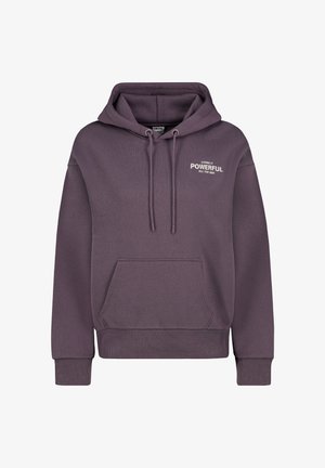 Paarse hoodie met een voorzak, trekkoorden, geribbelde mouwen en witte tekst "LIVING IT POWERFUL ALL THE WAY" op de borst.