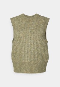 Gebreide mouwloze top in lichtgroen met een gestructureerde ribbel, ronde hals en een relaxte pasvorm. Heeft zijopeningen voor gemakkelijk aan- en uittrekken.