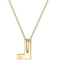 Goldplattierte Halskette mit einem abstrakten 'L'-Anhänger, der eine glänzende Oberfläche hat und mit einem 925-Stempel versehen ist, der den Silbergehalt anzeigt. Die Kettenglieder sind rund.