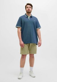 Marineblauwe poloshirt met een groene kraag, witte strepen op de mouwen; gecombineerd met khaki shorts en witte sneakers.
