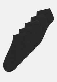 Cinque paia di calze nere alla caviglia, in misto cotone, con polsini a coste, design senza cuciture sulla punta, texture morbida, adatte per un abbigliamento casual.
