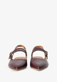 Chaussures plates en cuir bordeaux avec des bouts pointus, des brides de cheville fendue et des boucles dorées. Texture lisse avec un éclat subtil.
