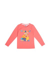 Coral long-sleeve shirt made of soft cotton featuring a cartoon lion with a Santa hat and colorful gifts, and "Pawsome Holidays!" text.