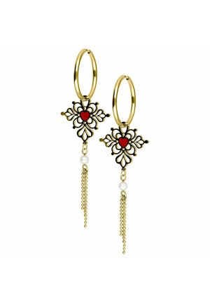 Gold-tone hoop earrings featuring black and red floral designs with dangling chains and pearl accents. Intricate pattern detail on metal.