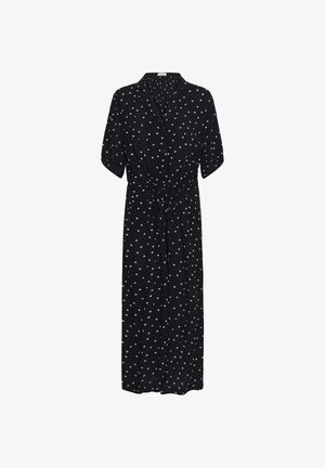 Rochie midi neagră cu buline albe, mâneci scurte, nasturi în față, guler și talie cu șnur.