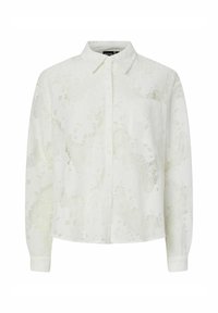Witte blouse met lange mouwen, voorzien van een bloemenkant structuur, knoopsluiting aan de voorkant, klassieke kraag, enkele borstzak en omgeslagen mouwen.