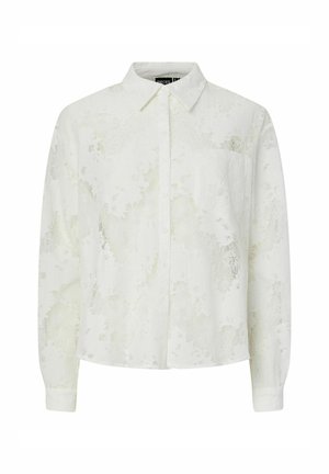 Chemise blanche à manches longues avec une texture en dentelle florale, boutonnière à l'avant, col classique, poche poitrine unique et manches à poignets.