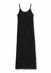 Schwarzes ärmelloses Kleid mit dünnen Trägern, gerader Silhouette, aus leichtem Stoff gefertigt. Der Saum hat einen subtil unebenen Rand.