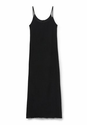 Schwarzes ärmelloses Kleid mit dünnen Trägern, gerader Silhouette, aus leichtem Stoff gefertigt. Der Saum hat einen subtil unebenen Rand.