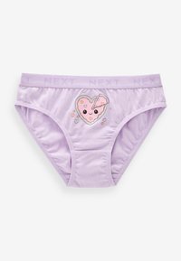 Lavendel bomullsunderkläder med en hjärtformad design av rosa glasyr med små hjärtan och ett leende ansikte. Elastisk midjeband med texten "NEXT".