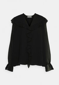 Blusa nera con colletto arricciato e pattina frontale. Maniche trasparenti e texturizzate con polsini elasticizzati; vestibilità ampia e design minimalista.