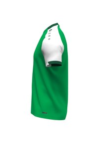 Polo shirt verde a maniche corte con colletto e bottoni bianchi, realizzato in tessuto morbido con una texture liscia e rifiniture in contrasto.