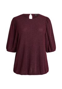Burgundin blusa dengan pola bertekstur, leher bulat, punggung kunci, dan lengan puff tiga perempat. Kain lembut dengan sedikit kilau.