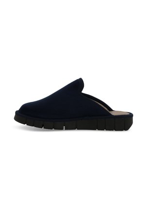 Scarpa slide navy in suede con punta arrotondata, dotata di una suola nera spessa con texture segmentata e senza retro per una facile calzata e sfilata.