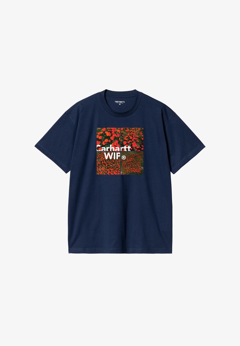 Granatowa koszulka z grafiką czterech paneli czerwonego maku oraz białym napisem "Carhartt WIP®" umieszczonym na środku klatki piersiowej.