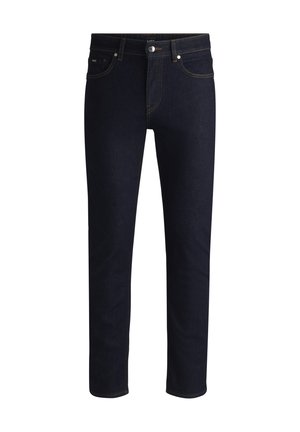 Jeans in denim blu scuro con vestibilità slim, caratterizzati da cuciture arancioni a contrasto, cinque tasche e chiusura con bottone in vita.