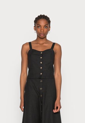 Top cropped de linho preto com decote reto, alças largas e fecho frontal com botões. Textura suave e corte ajustado.