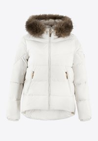 Bílá péřová bunda s odnímatelnou kapucí s hnědou kožešinou, předním zipem a dvěma bočními kapsami se zlatými akcenty.