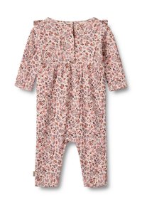 Jumpsuit de algodón suave con estampado floral, que presenta mangas largas, un escote redondeado y botones en la parte posterior. Los colores incluyen rosa, naranja y verde.