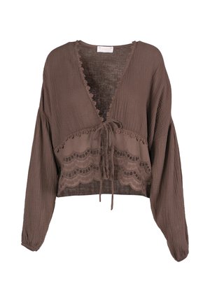 Braune, langärmelige, kurze Bluse mit V-Ausschnitt, vorderer Bindeschleife, strukturierter Stoff und spitzenbesetzten, gewellten Details am unteren Vorderteil.
