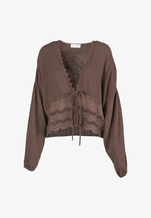 Braune, langärmelige, kurze Bluse mit V-Ausschnitt, vorderer Bindeschleife, strukturierter Stoff und spitzenbesetzten, gewellten Details am unteren Vorderteil.