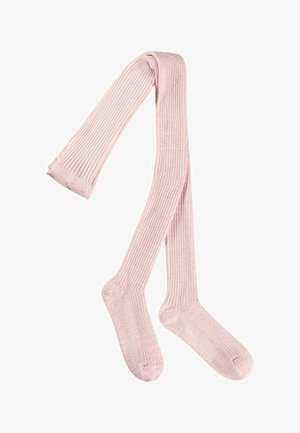 Hellrosa gerippte knielange Socken mit weicher Textur, flach auf einem weißen Hintergrund ausgelegt.