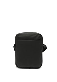 Black leather crossbody bag with a rectangular shape, adjustable strap, front zipper pocket, and smooth texture.