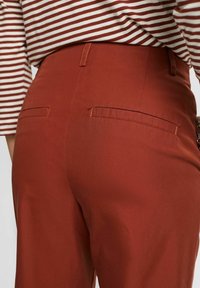 Roestkleurige broek van gladde stof, met twee achterzakken en een aansluitend ontwerp. Het kledingstuk wordt gecombineerd met een gestreept shirt.