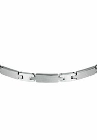 Bracciale in metallo argentato con maglie rettangolari alternative, con una finitura spazzolata e lucida, che presenta un design elegante e moderno.