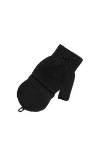 Moufles en tricot noir avec un poignet côtelé, comprenant un détail de bouton et un design rabattable pour exposer les doigts. Texture douce et ajustement confortable.