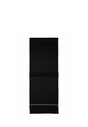 Écharpe rectangulaire noire avec un motif subtil, une fine bande horizontale grise près d’une extrémité et des bords à franges.