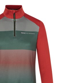 Rood en groen ritsjack met hoge prestaties, voorzien van een geruit ontwerp aan de voorkant, met effen rode mouwen en een hoge kraag.