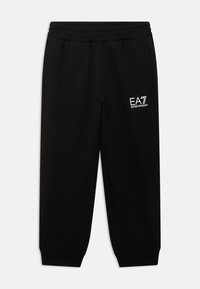 Black jogger pants made of soft fabric, featuring an elastic waistband, tapered cuffs, and a white EA7 logo on the left thigh.