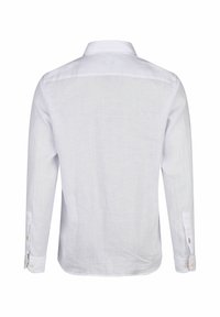 Weißes Langarmshirt aus leichtem Stoff. Verfügt über einen Button-down-Kragen und geknöpfte Manschetten mit kontrastierenden Knöpfen. Glatte Textur.