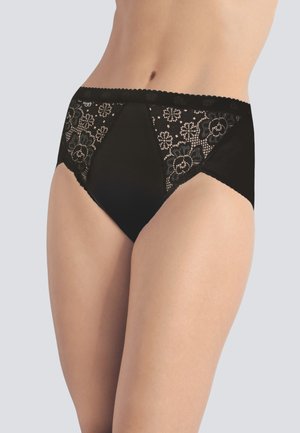 Mutande nere a vita alta con pannelli di pizzo floreale intricati sui lati e un corpo in tessuto liscio, con bordi ondulati.