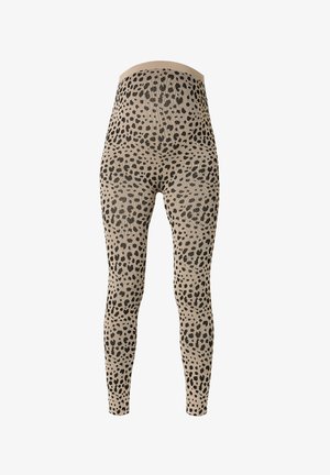 Leggings en imprimé léopard beige avec des taches noires. Comprend une taille haute et une texture côtelée sur tout le tissu. Matériau élastique.