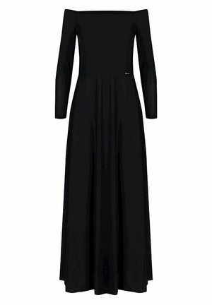 Czarna maxi sukienka na jedno ramię z długimi rękawami, zwiewnym dołem, dopasowanym gorsetem, wykonana z gładkiego materiału, z dyskretnym akcentem logo.
