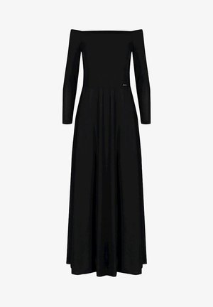 Czarna maxi sukienka na jedno ramię z długimi rękawami, zwiewnym dołem, dopasowanym gorsetem, wykonana z gładkiego materiału, z dyskretnym akcentem logo.