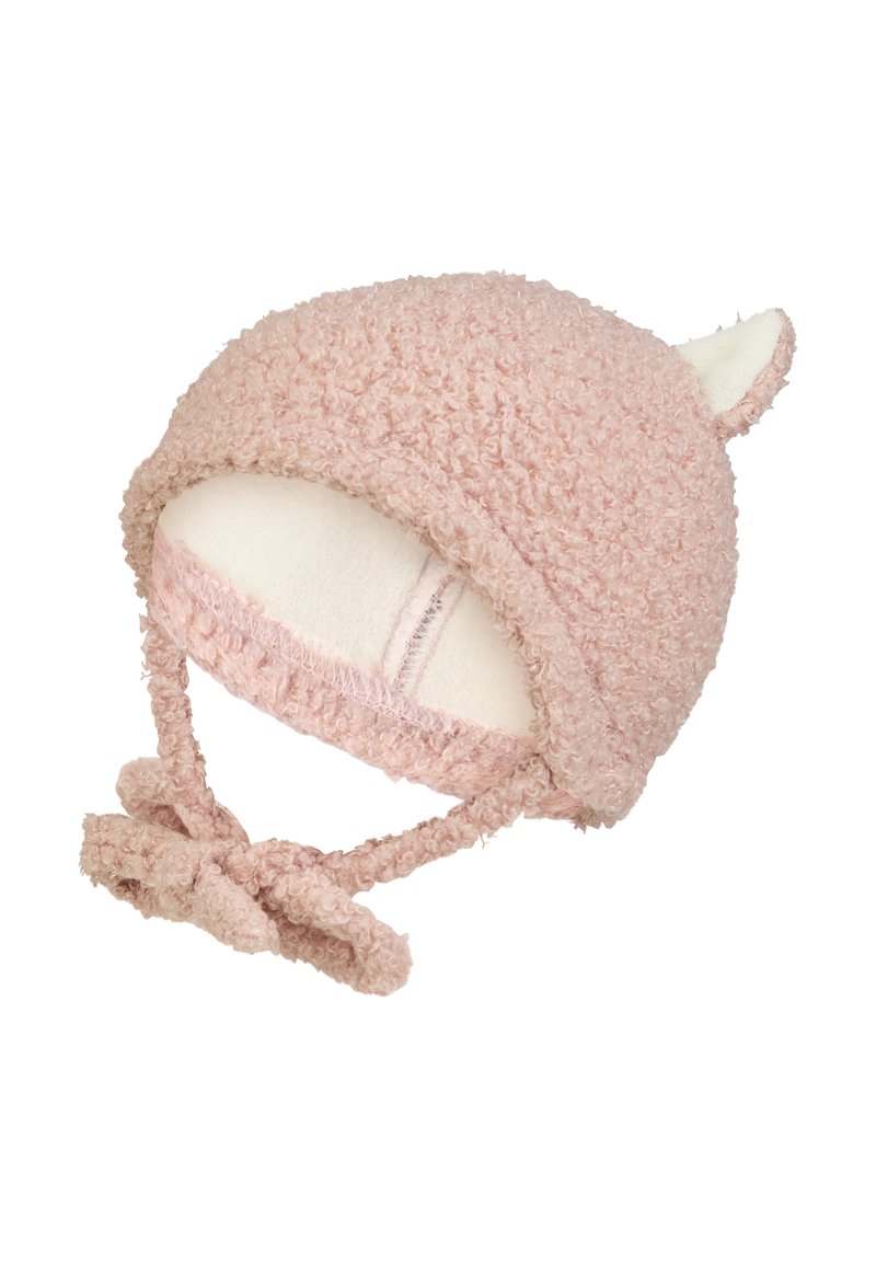 Pink fuzzy hat with ear accents, made of textured fabric. Features a soft interior lining and adjustable ties. Rounded shape.