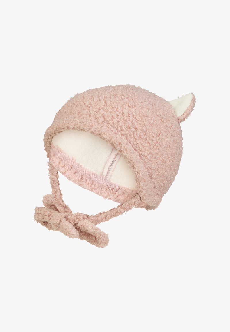 Pink fuzzy hat with ear accents, made of textured fabric. Features a soft interior lining and adjustable ties. Rounded shape.
