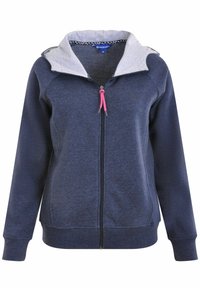 Marineblauer Reißverschluss-Pullover mit grauem Kapuzenaufsatz, ausgestattet mit einer pinken Kordel, Fronttaschen und gerippten Bündchen. Weiche Textur, lässiges Design.